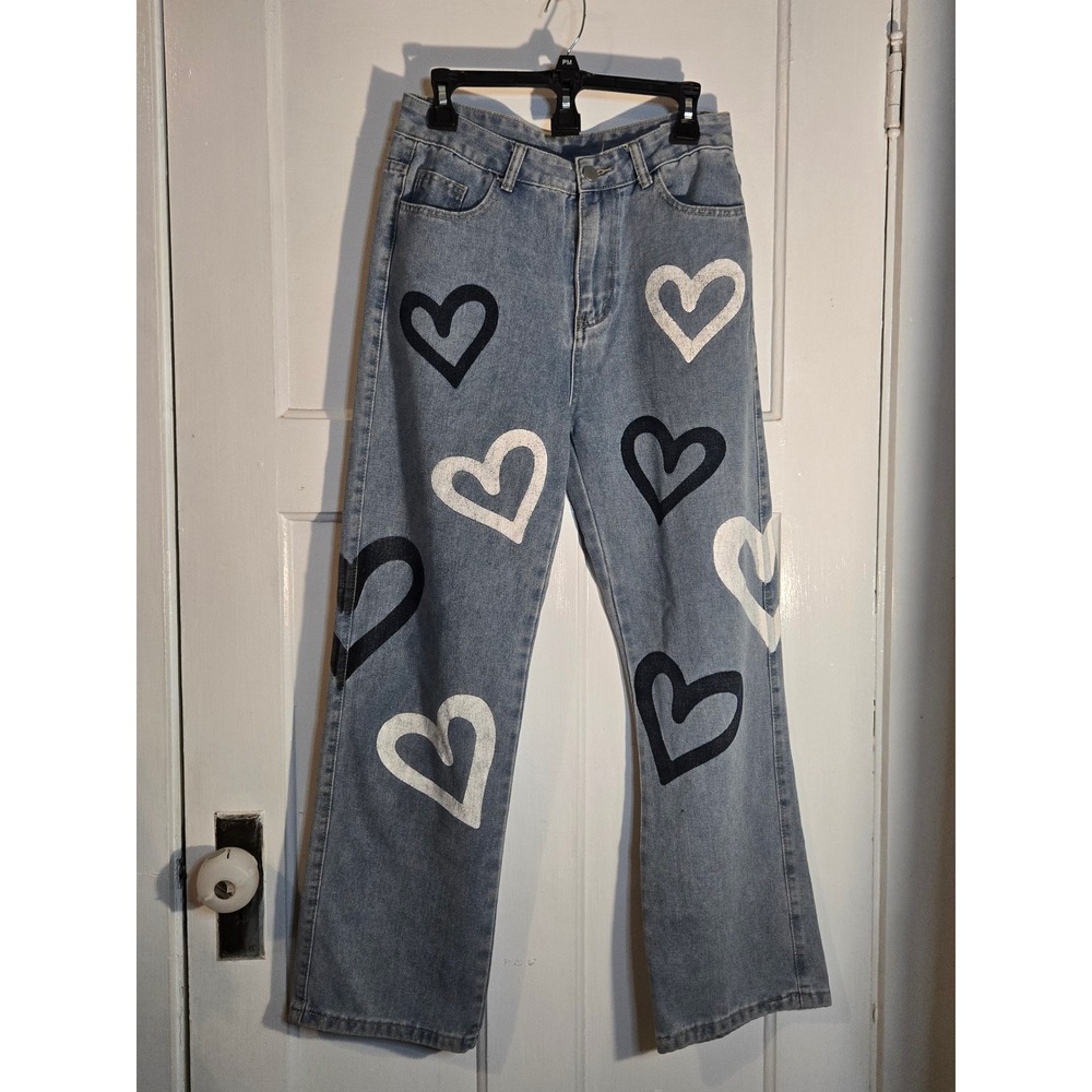 Unbranded Heart Print High Waisted Straight Leg Jeans Light Wash Blue Size L